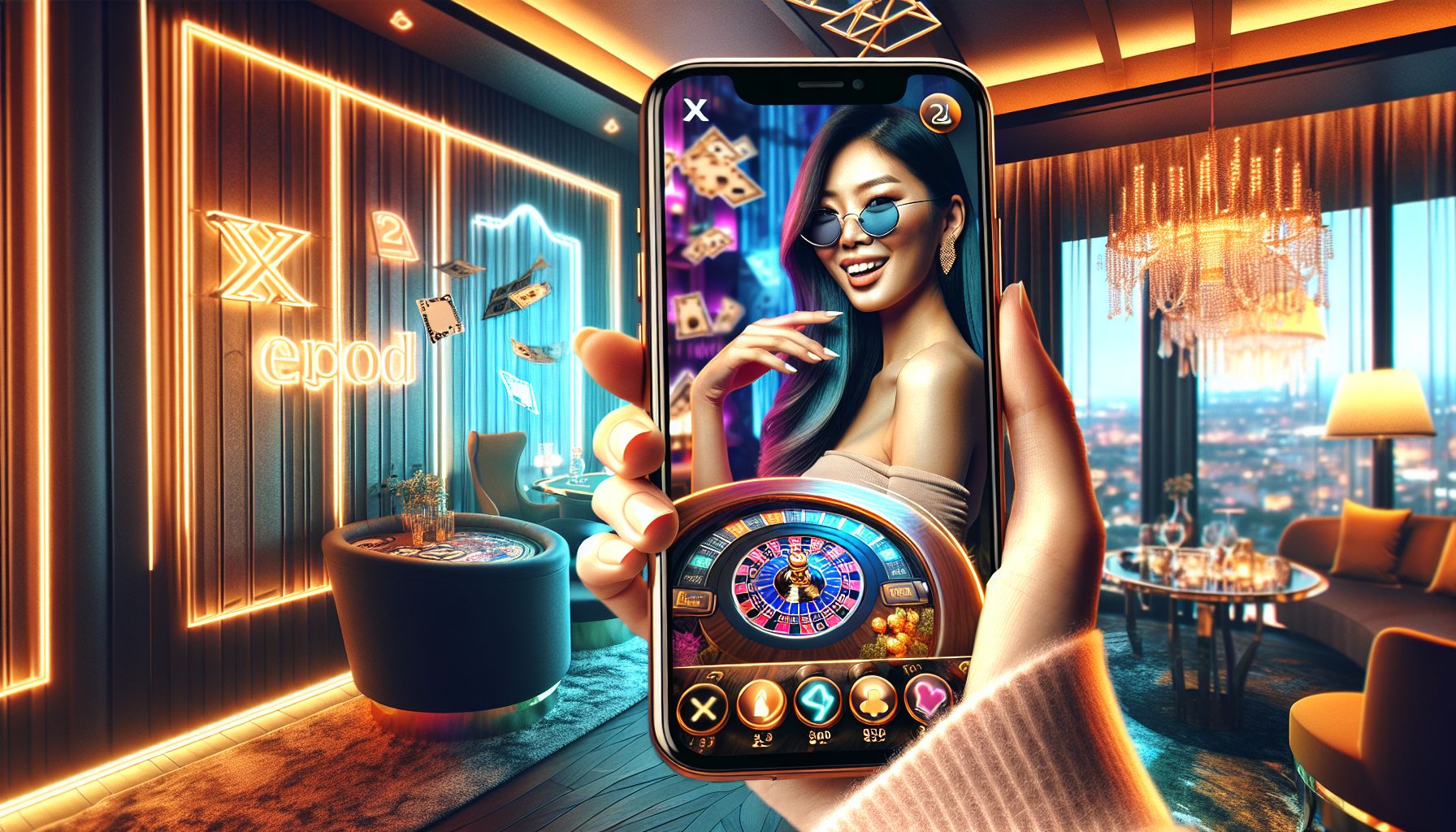 X2GOD mobile app on a smartphone showing casino games and account features